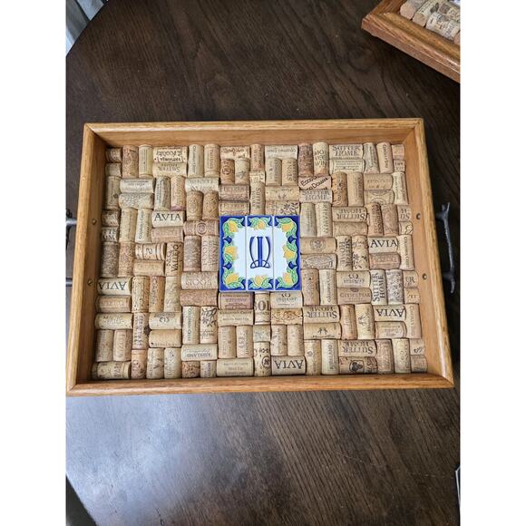 Handmade Wine Cork Serving Tray with Mediterranean Lemon Tile Inlay Rustic Bar - Picture 1 of 16